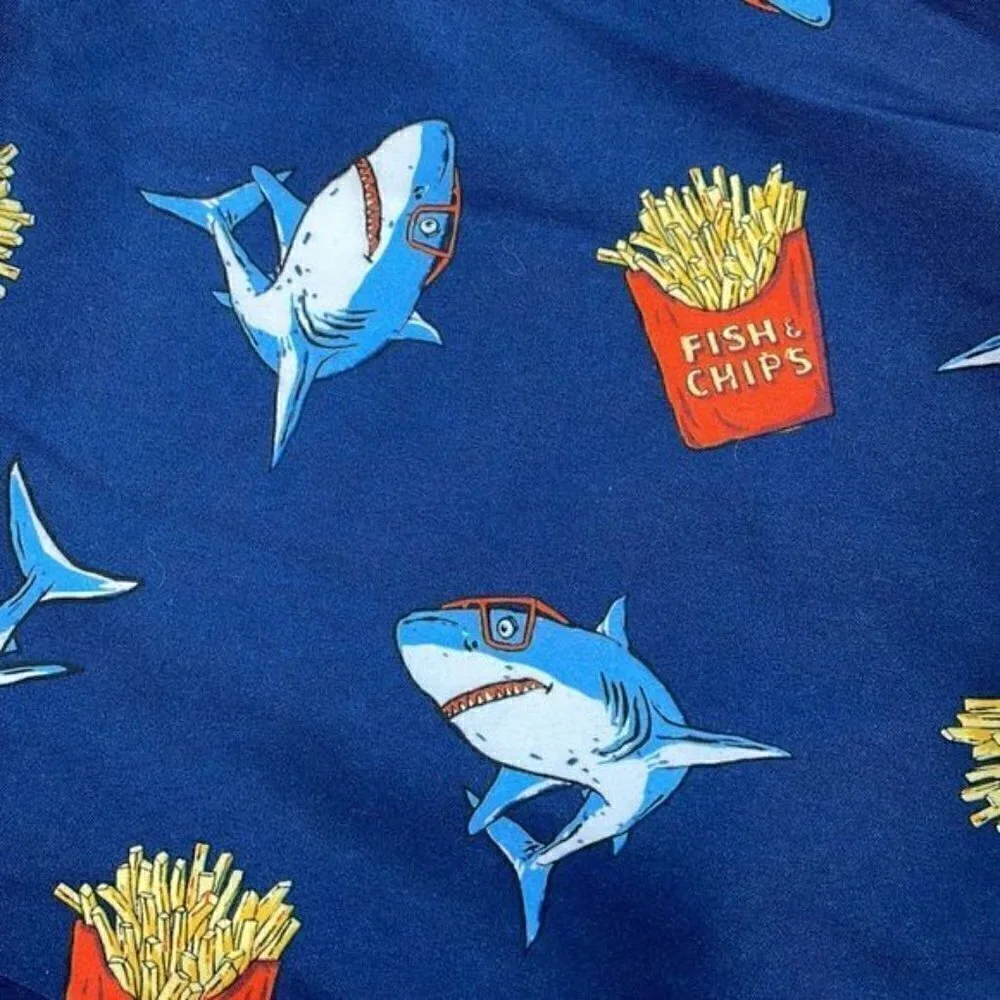 NWT Broken Threads Surf Navy Blue Great White Sharks French Fries Swim Trunks M